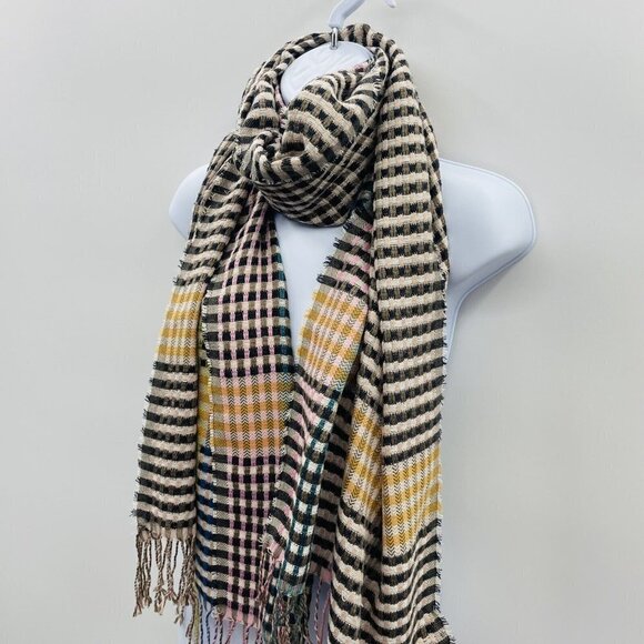 Vince Camuto Womens One Size Woven Plaid Print Fringe Scarf Black Brighter 1258 - Picture 3 of 7
